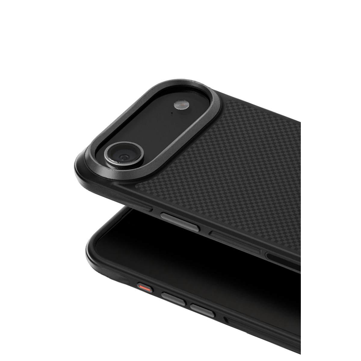 Beyaz arka planda kare desenli, kamera çıkıntılı ve yan tuşlu siyah koruyucu telefon kılıfı.