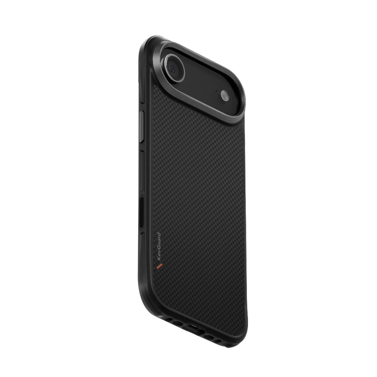 Karbon fiber desenli arka yüzeye, oval kamera modülüne ve yan tuşlara sahip siyah akıllı telefon.