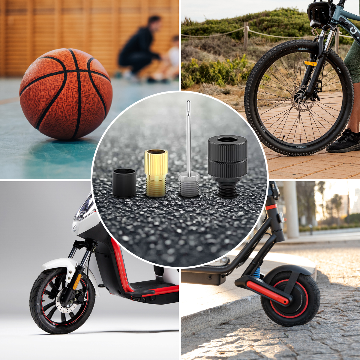 Varias válvulas y adaptadores de neumáticos sobre una superficie oscura, rodeados de imágenes de un balón, bicicleta y patinete.