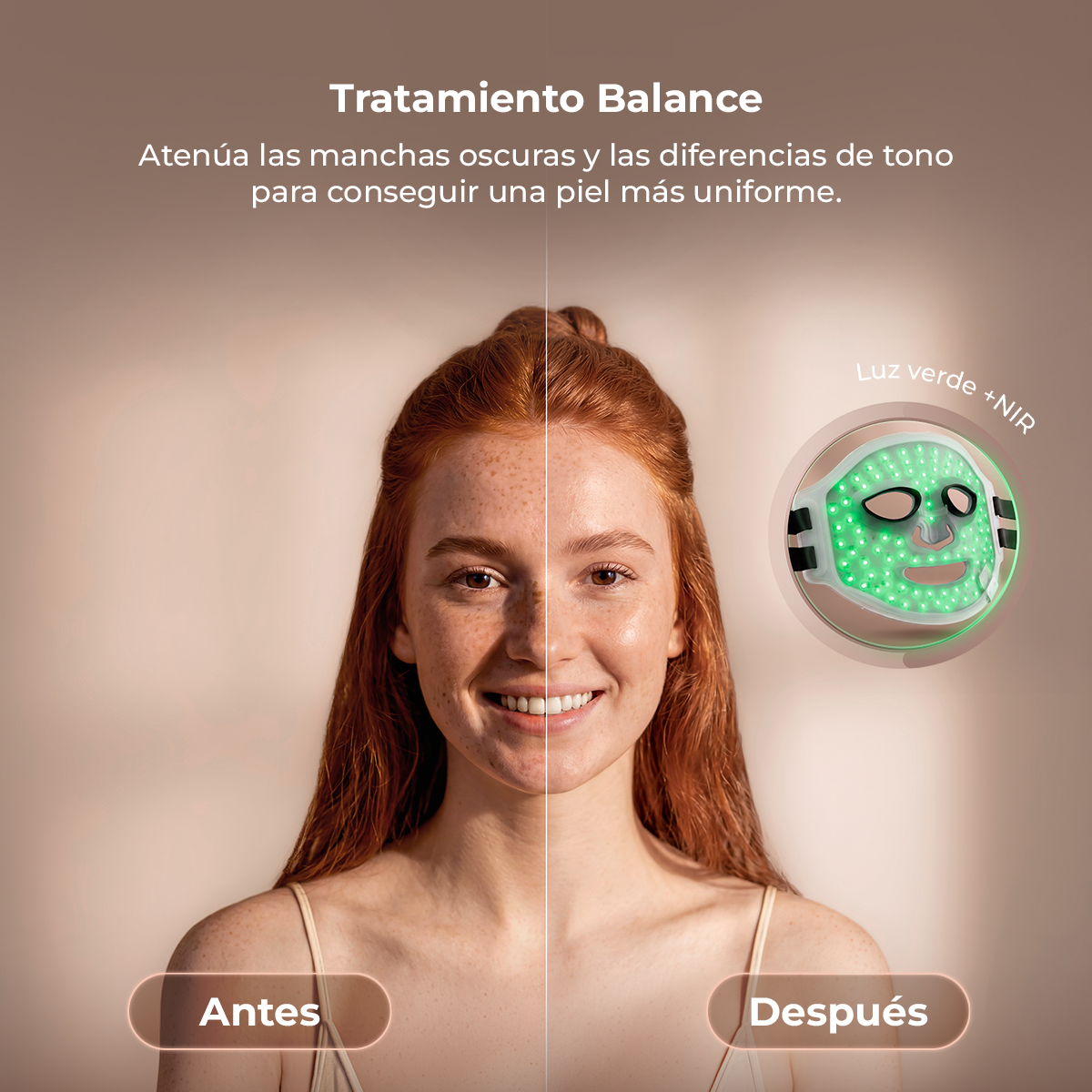Donna prima e dopo il trattamento con maschera LED per una pelle uniforme.