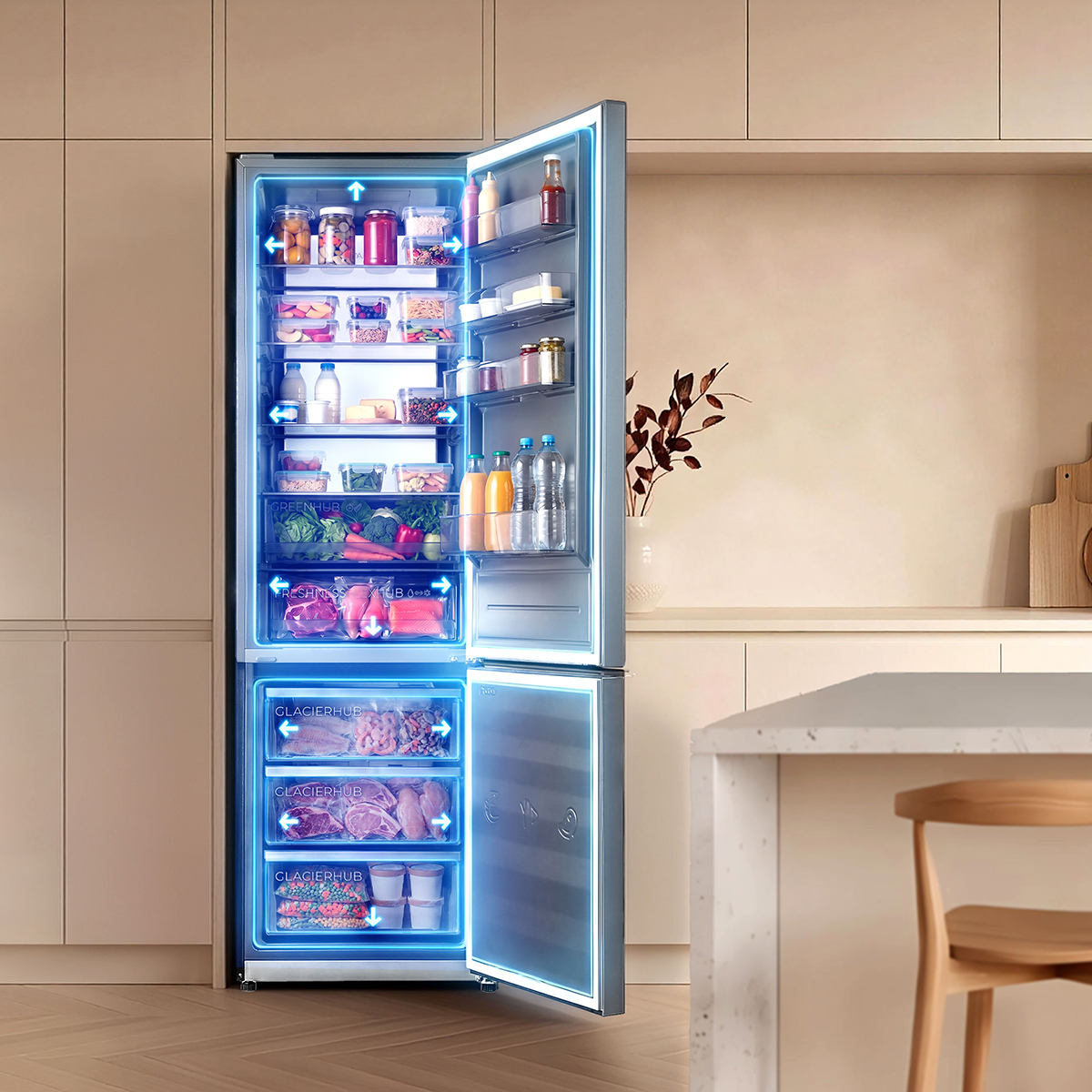 Refrigerador abierto con estantes iluminados llenos de comida en una cocina moderna.