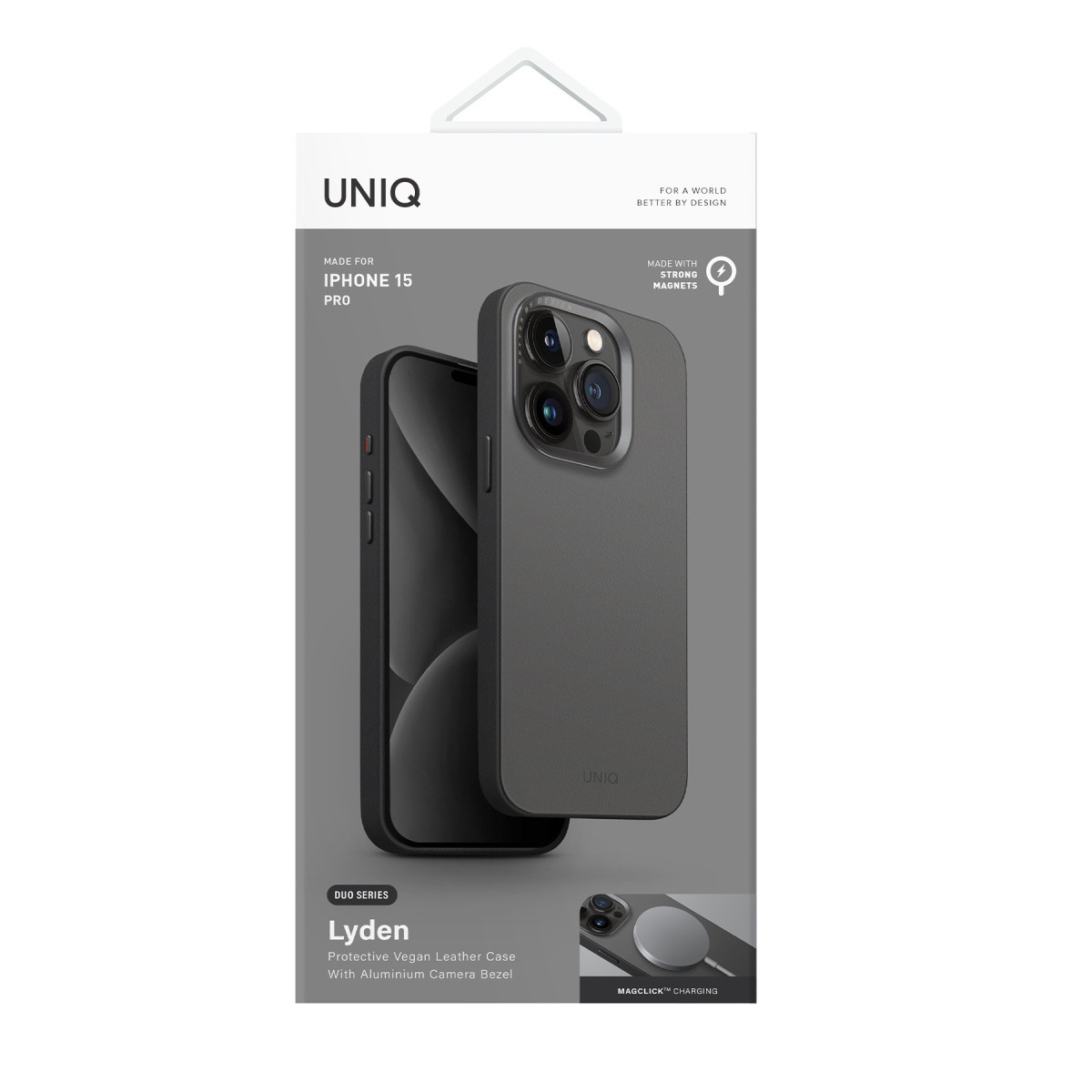 MagSafe destekli gri renkli iPhone 15 Pro için Uniq Lyden vegan deri koruyucu kılıf.