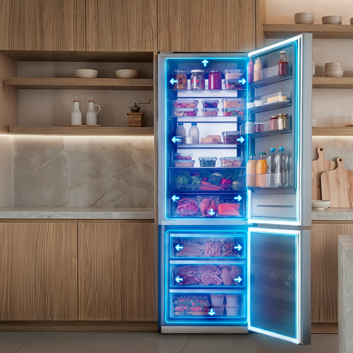 Un refrigerador abierto en una cocina moderna con zonas brillantes azules, lleno de recipientes de comida y botellas.