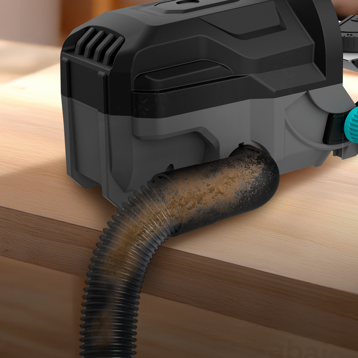 Una manguera de aspiración gris y negra absorbe polvo de una superficie de madera.