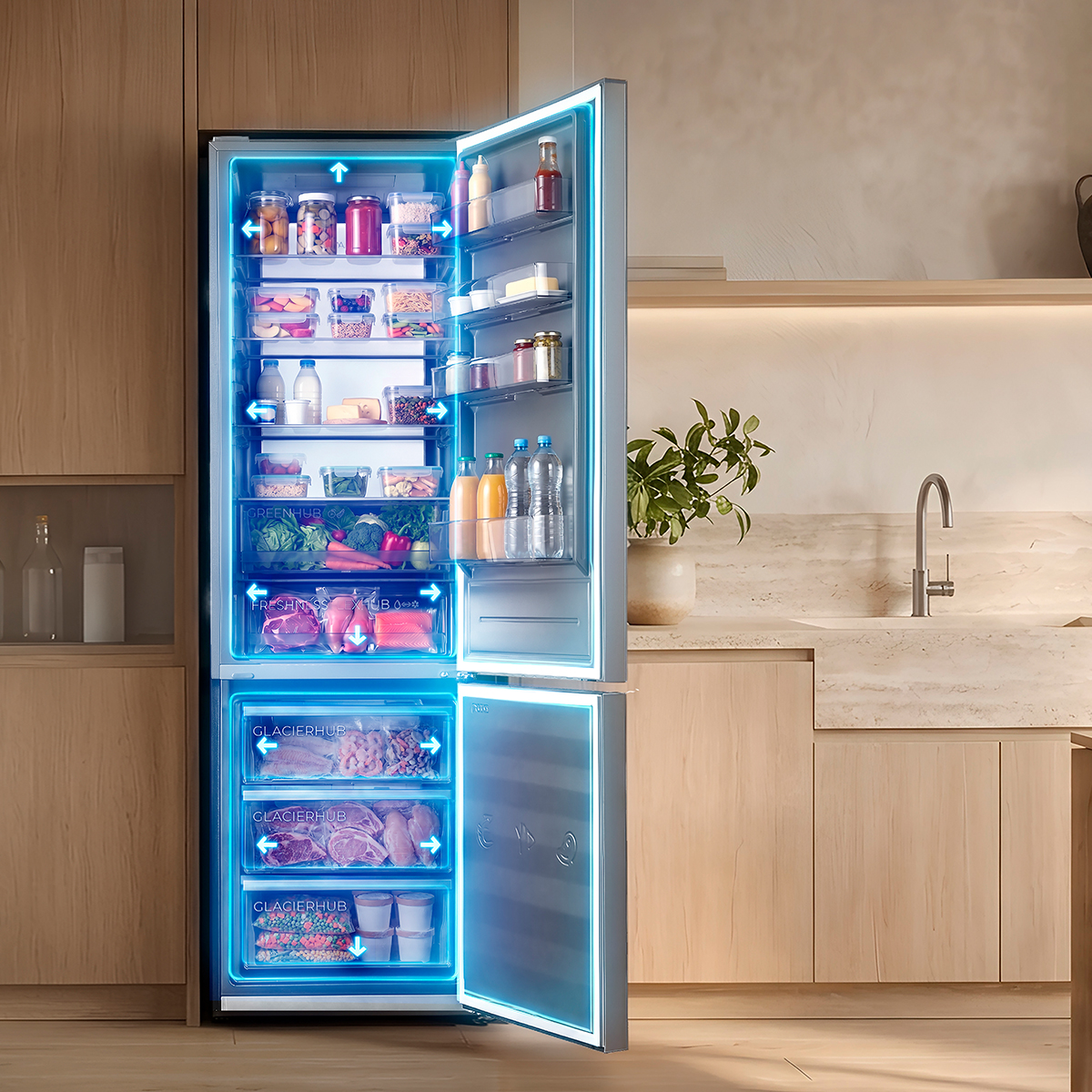 Una nevera abierta e iluminada llena de comida en una cocina moderna de madera con fregadero.