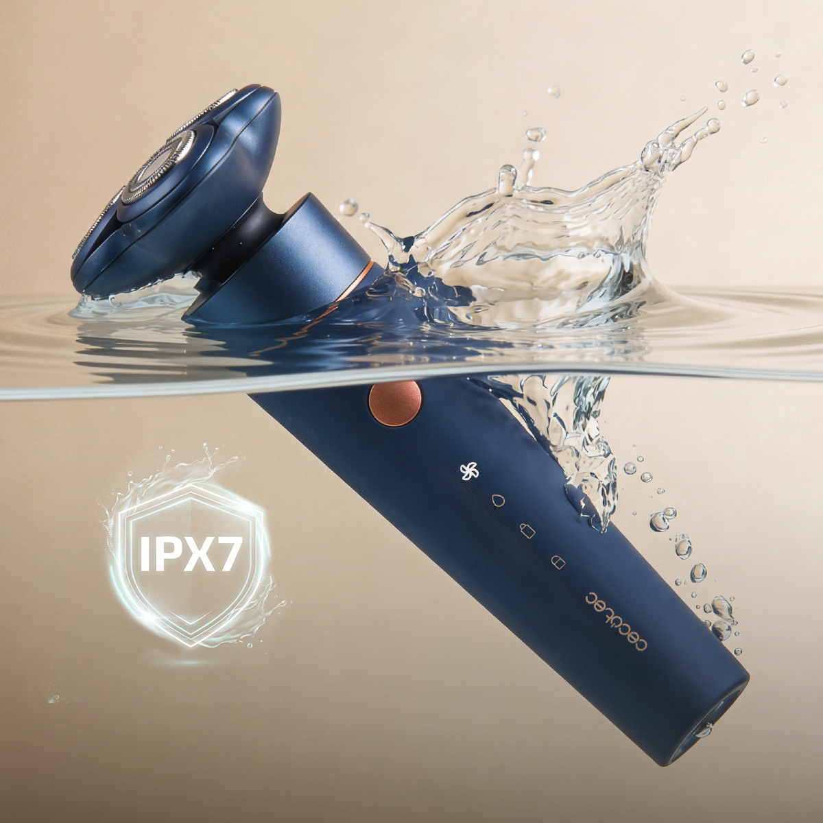 Una afeitadora azul sumergida en agua con emblema IPX7 y salpicaduras.