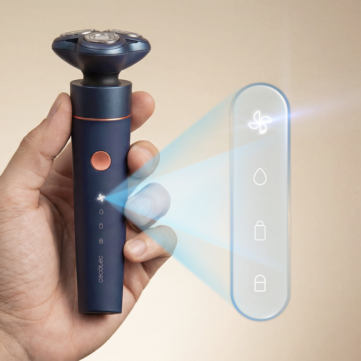 Una mano sostiene una afeitadora eléctrica azul con iconos LED.