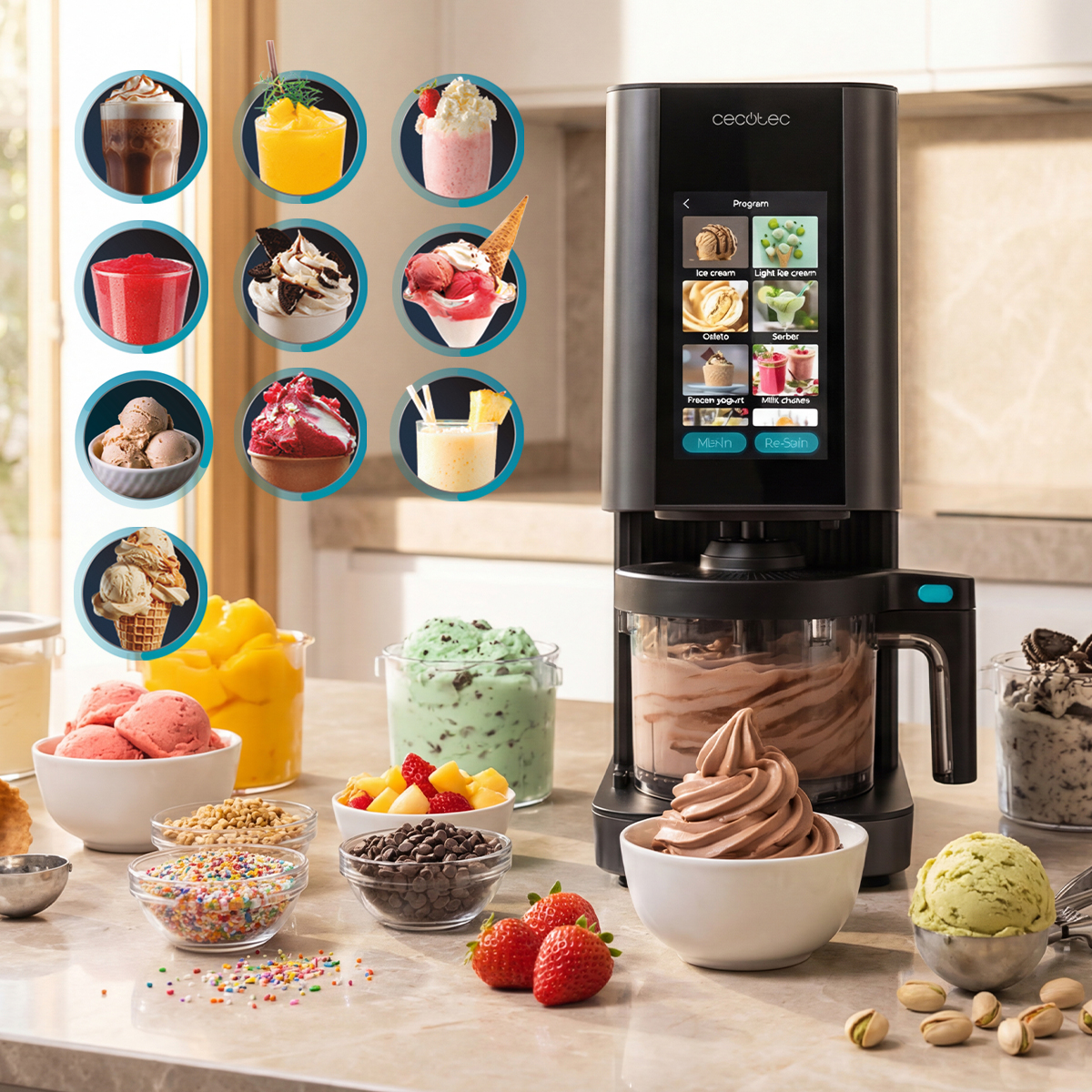 Gelatiera con touchscreen circondata da vari gelati e dessert su un bancone da cucina.