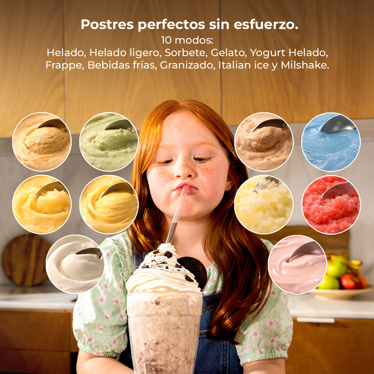 Una bambina dai capelli rossi beve un frullato circondata da dieci immagini circolari di vari dessert.