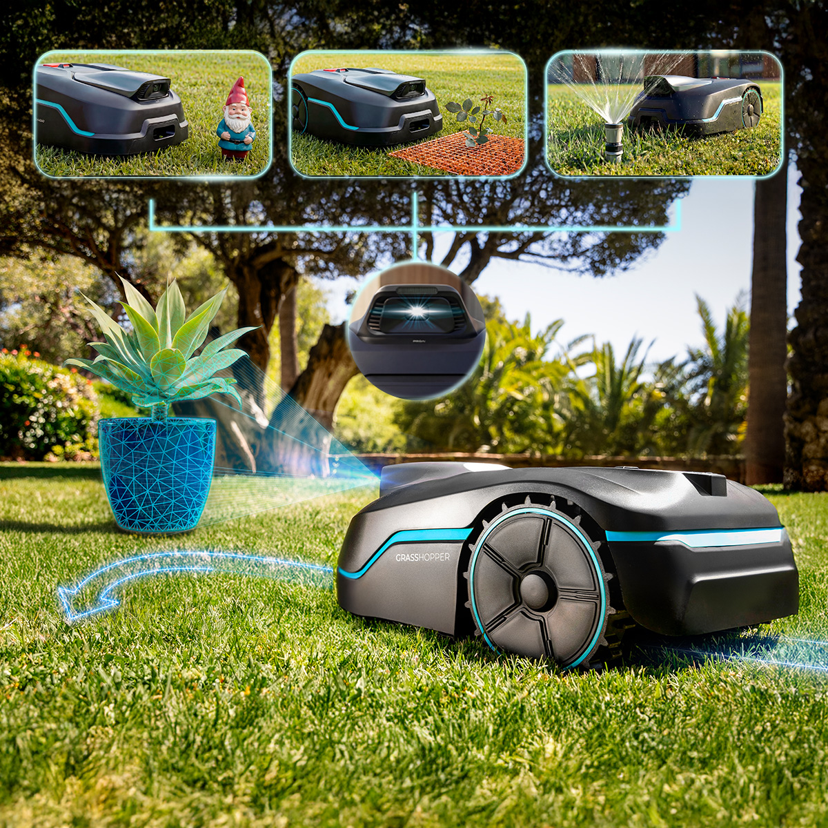 Un robot cortacésped negro en césped verde detecta obstáculos como plantas, un gnomo y un aspersor en un jardín.