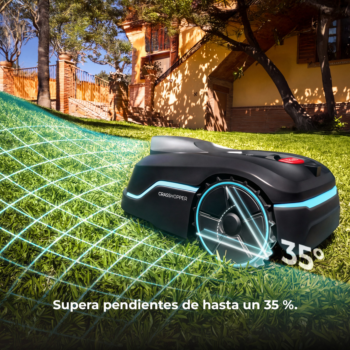 Robot cortacésped negro en una pendiente del 35%, frente a una casa.