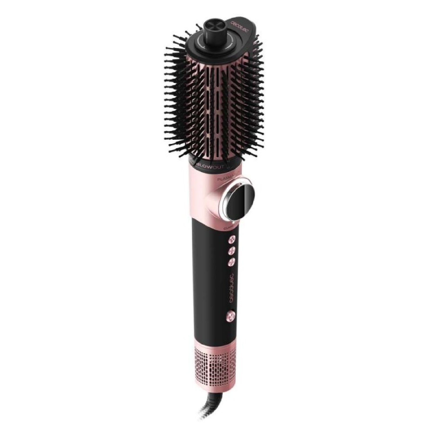 Un cepillo de aire caliente en oro rosa y negro con cerdas negras y botones de control sobre fondo blanco.