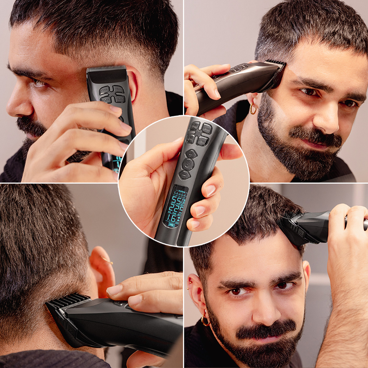 Un uomo si taglia i capelli usando un tagliacapelli elettrico con display digitale.