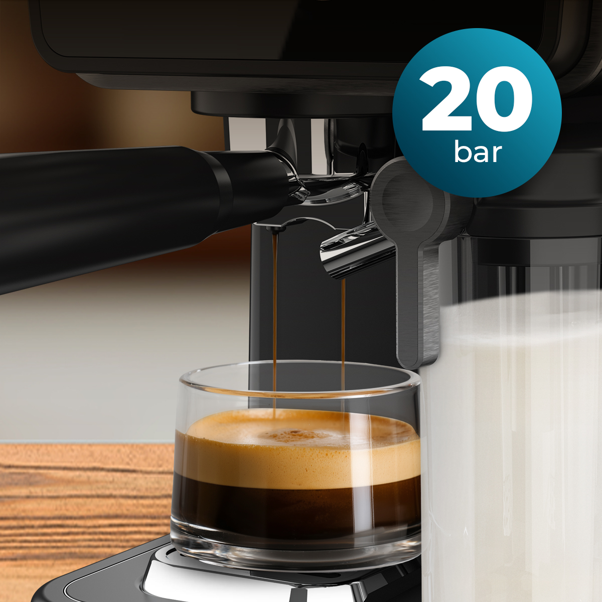Cafetera exprés vertiendo café en un vaso, con una etiqueta de 20 bar.