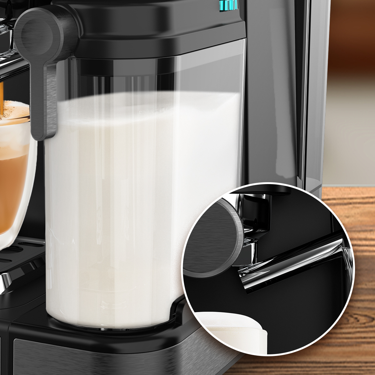 Cafetera con depósito de leche y detalle del surtidor de acero inoxidable vertiendo.