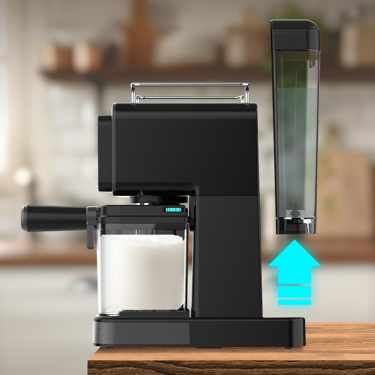 Cafetera exprés negra moderna con recipiente para leche y depósito de agua en mesa de madera.