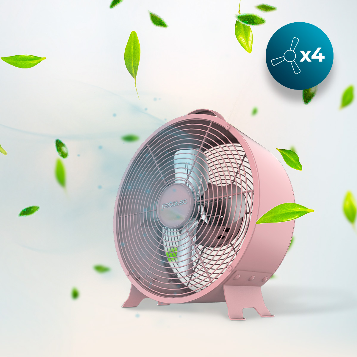 Un ventilatore da tavolo rosa rotondo si trova su sfondo bianco, circondato da foglie verdi fluttuanti.