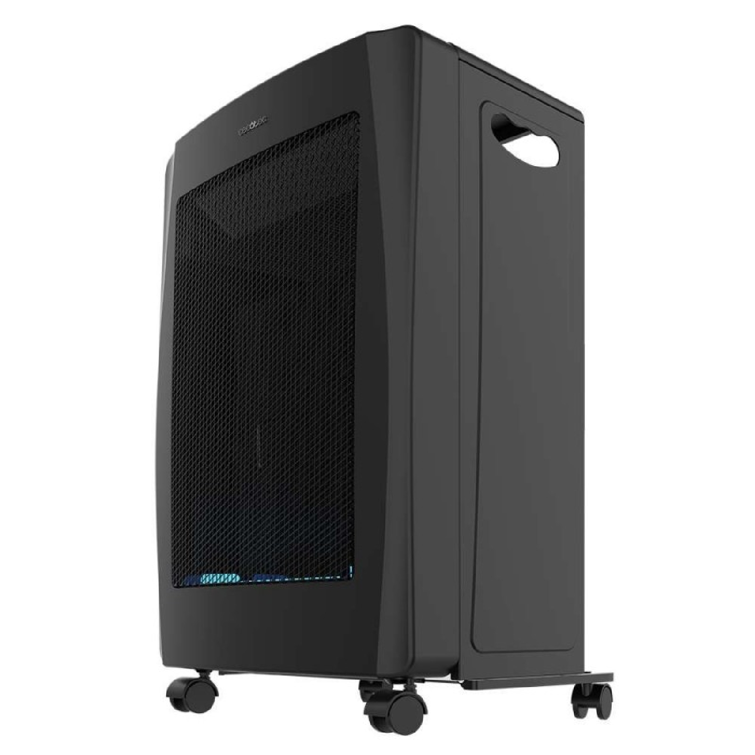 Calefactor portátil negro con ruedas, rejilla metálica negra y un asa lateral integrada.