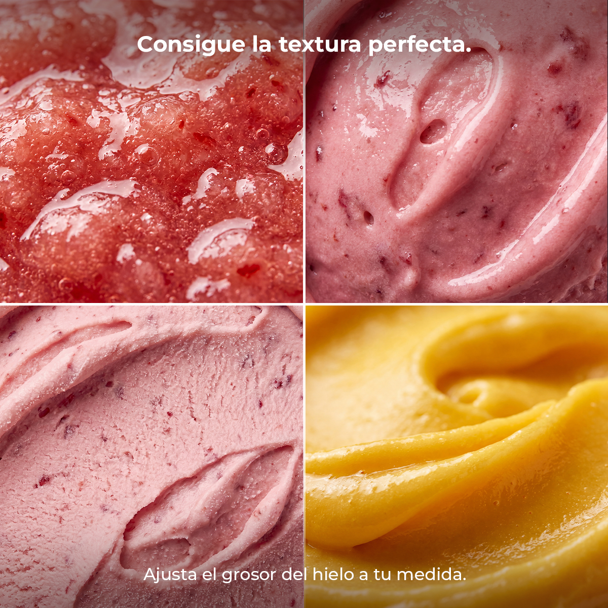 Quattro pannelli in primo piano mostrano diverse texture di sorbetto alla frutta in rosso, rosa e giallo.
