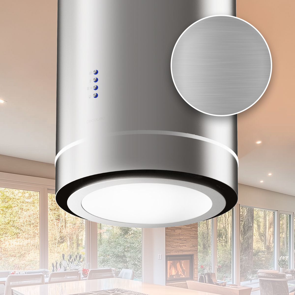 Moderna campana extractora redonda de acero inoxidable en cocina con grandes ventanas.