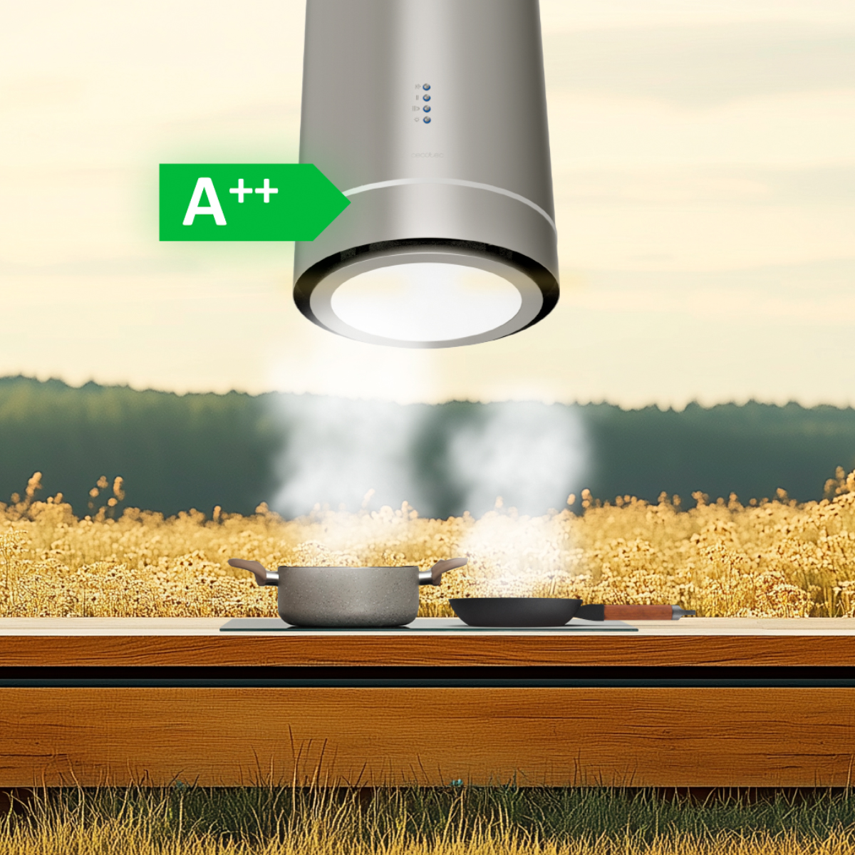 Campana extractora de acero inoxidable con eficiencia A++ sobre una olla hirviendo en el campo.