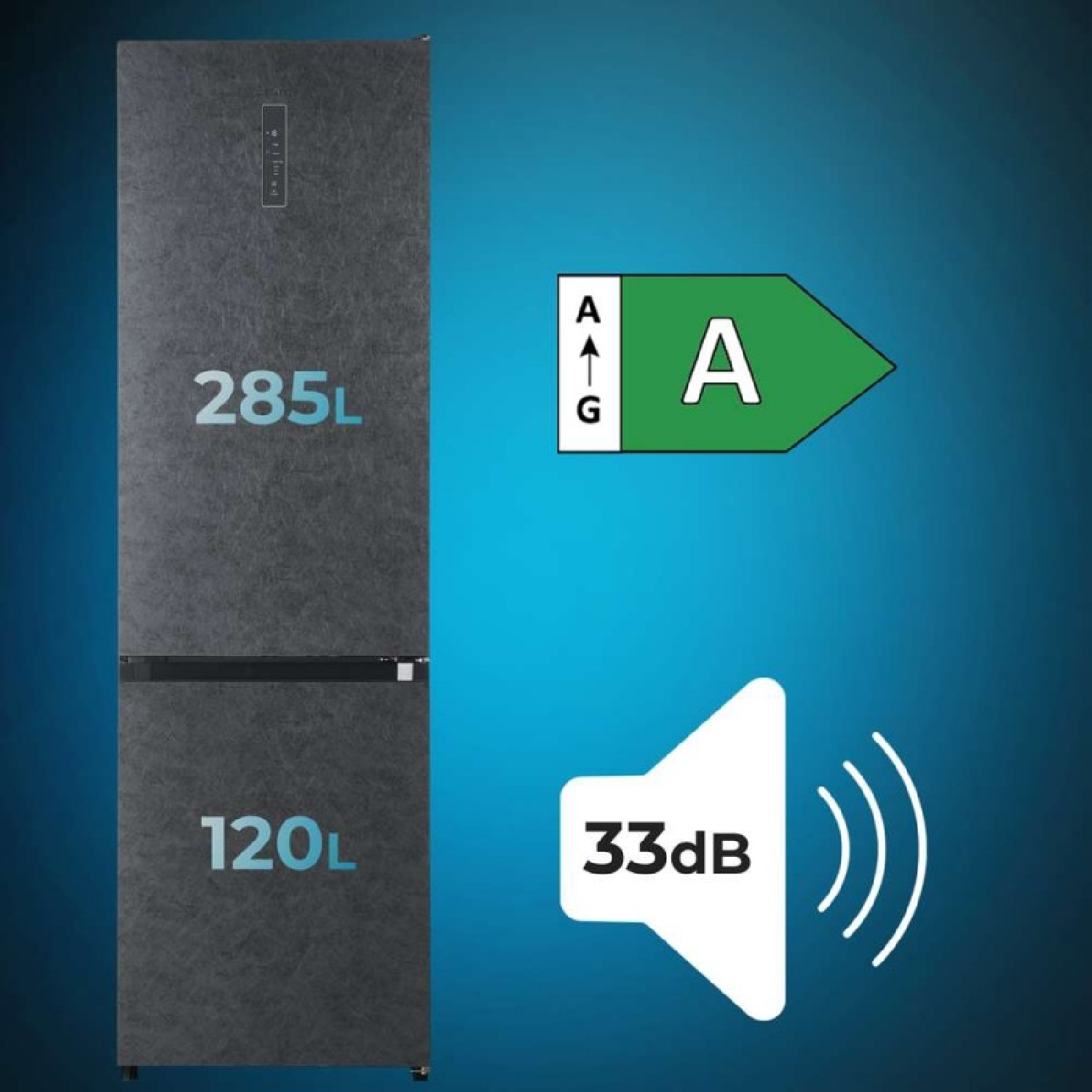 Frigorifero scuro con capacità di 285L e 120L, classe energetica A e 33 dB.