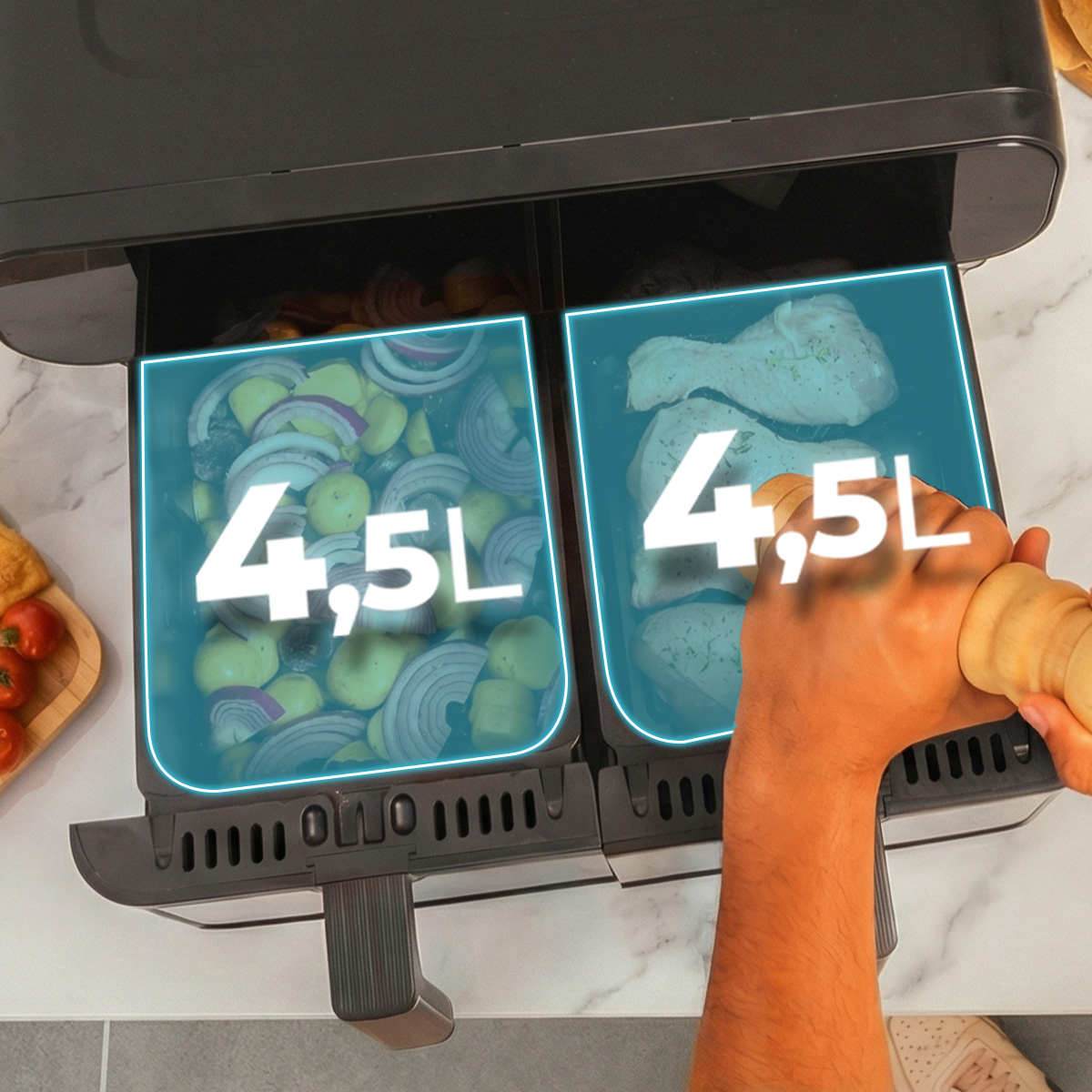Freidora de aire dual con dos compartimentos de 4.5L, uno con verduras y otro con pollo.