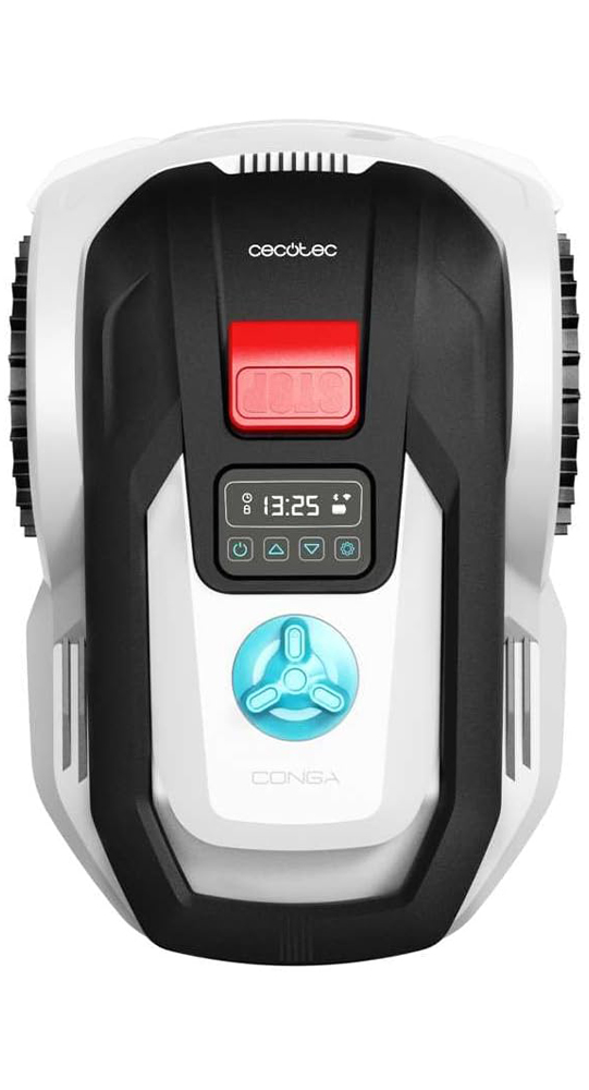 Vista superior de un robot cortacésped Cecotec blanco y negro con botón de parada rojo y rueda azul.