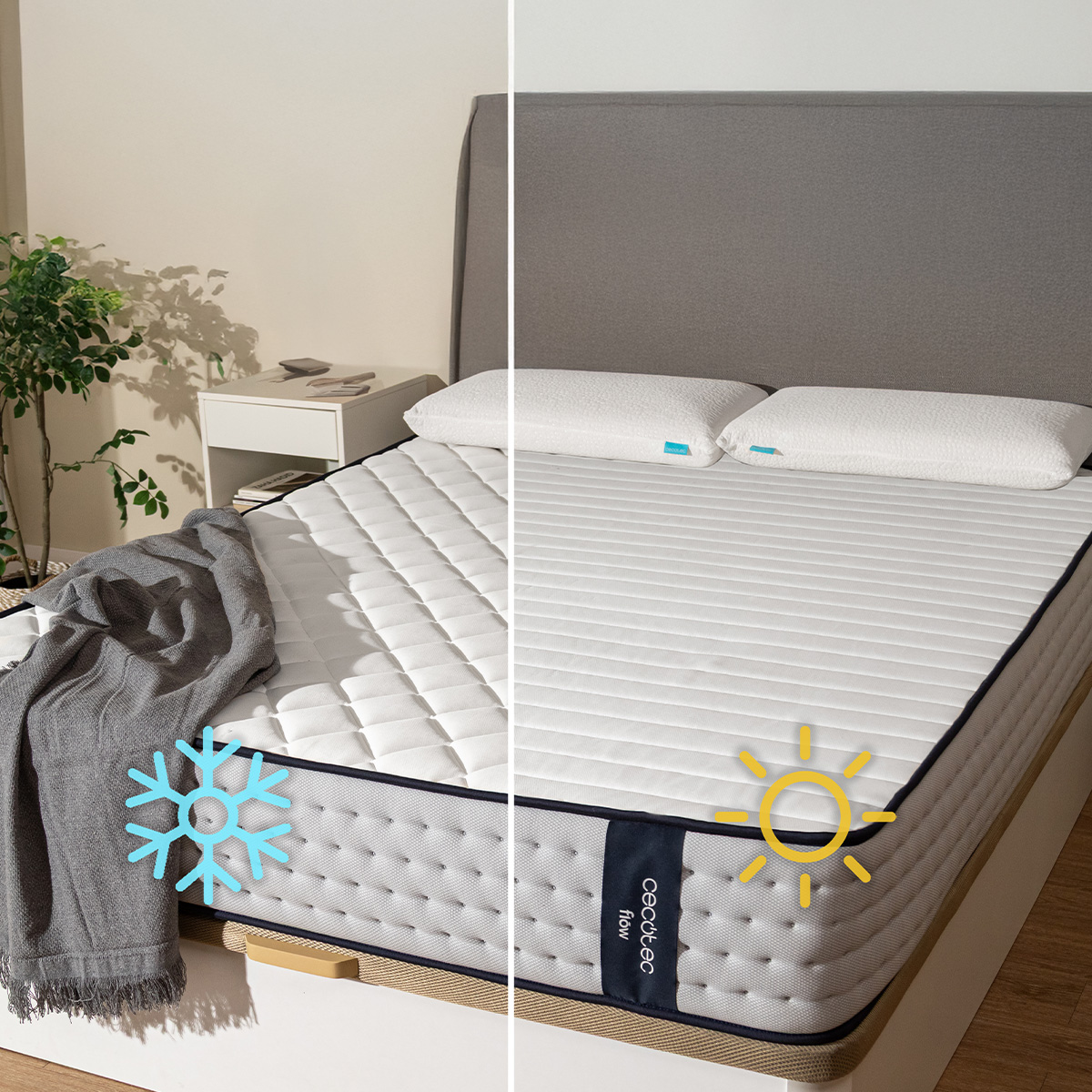 Colchón dividido: izquierda con icono de copo de nieve para frescor, derecha con sol para calor.