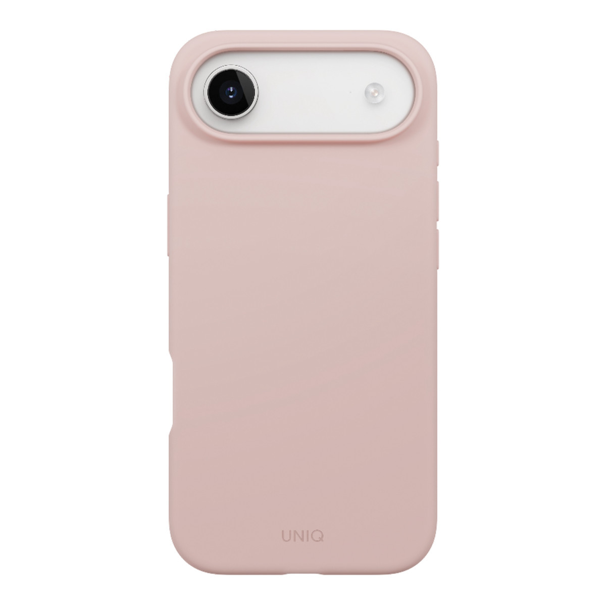 Merce ve flaş için beyaz kamera kesikli, alt kısmında UNIQ marka adı olan pastel pembe telefon kılıfı.