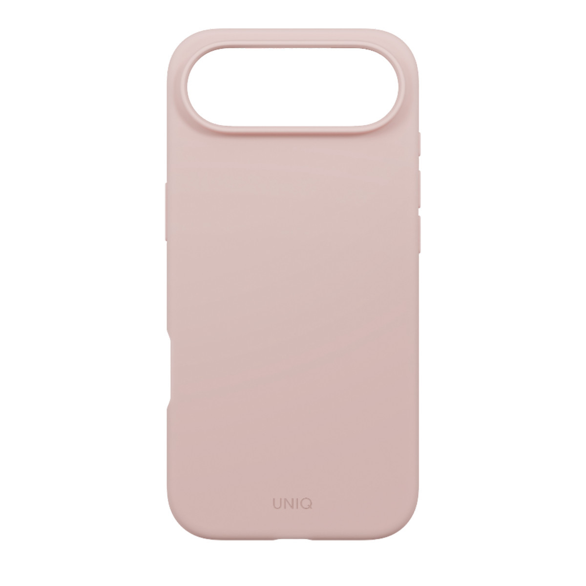 Üst kısmında büyük, uzunlamasına bir kesik ve alt kısmında marka logosu bulunan pembe bir telefon kılıfı.