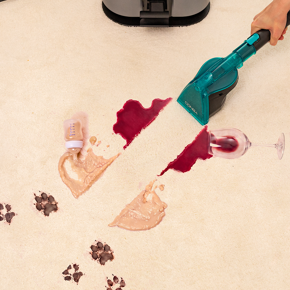 Un pulisci tappeti turchese pulisce macchie di vino rosso e latte artificiale, insieme a impronte di zampe.