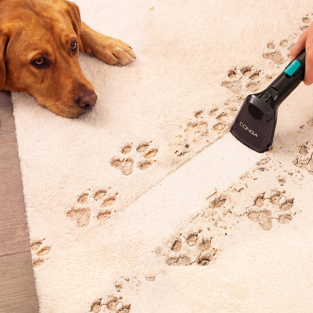 Un cane si trova su un tappeto bianco infangato mentre un aspirapolvere lo pulisce.