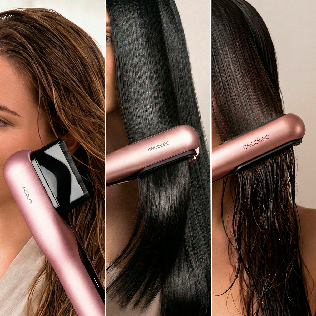 Tres paneles muestran un cepillo alisador Cecotec oro rosa usado en cabello húmedo y seco.