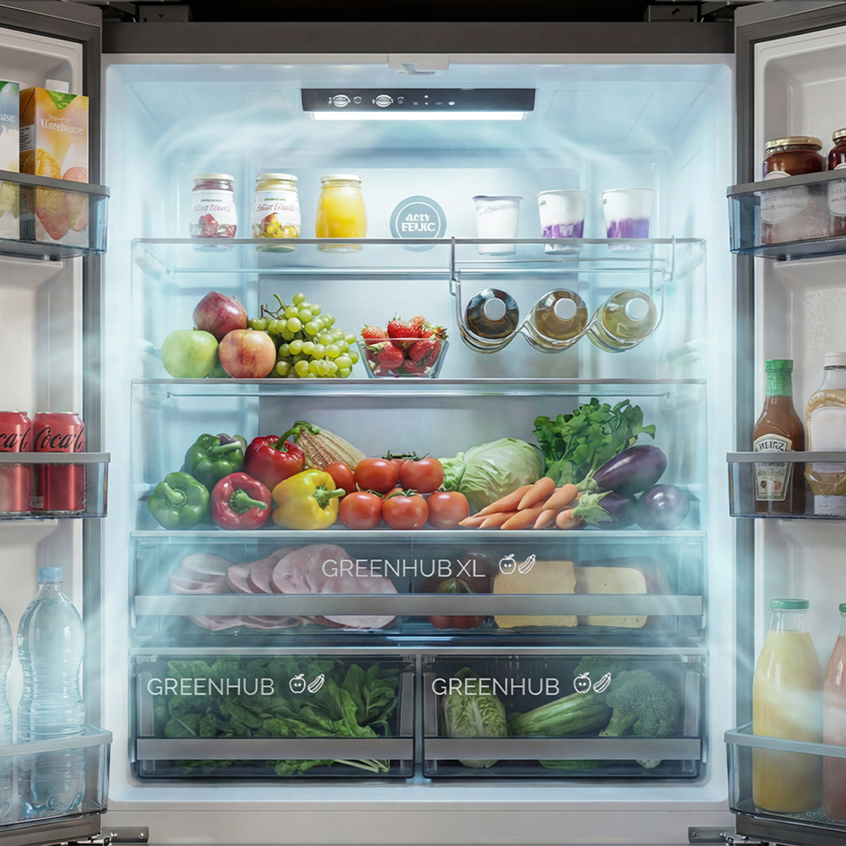 Un refrigerador abierto lleno de frutas frescas, verduras, bebidas y productos lácteos.