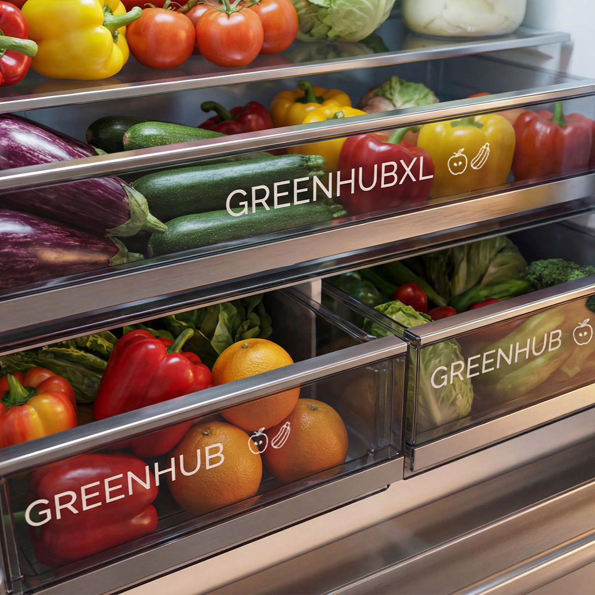 Cajones de refrigerador llenos de frutas y verduras frescas como pimientos, tomates, calabacines, berenjenas y naranjas.