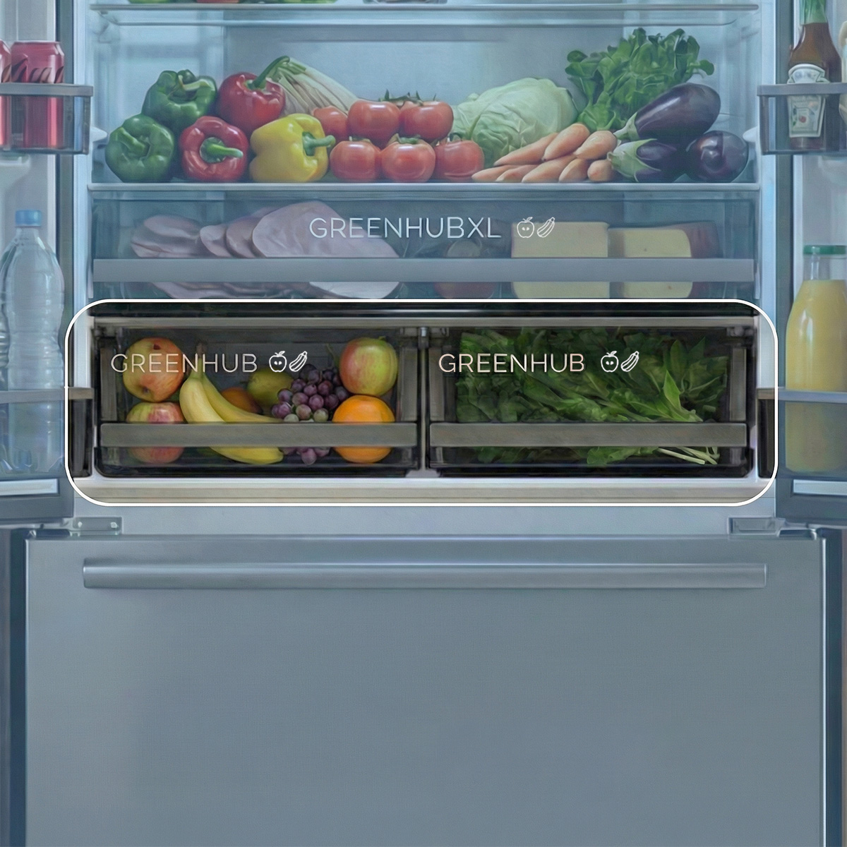 Un refrigerador abierto lleno de verduras frescas, frutas y bebidas en estantes y cajones.