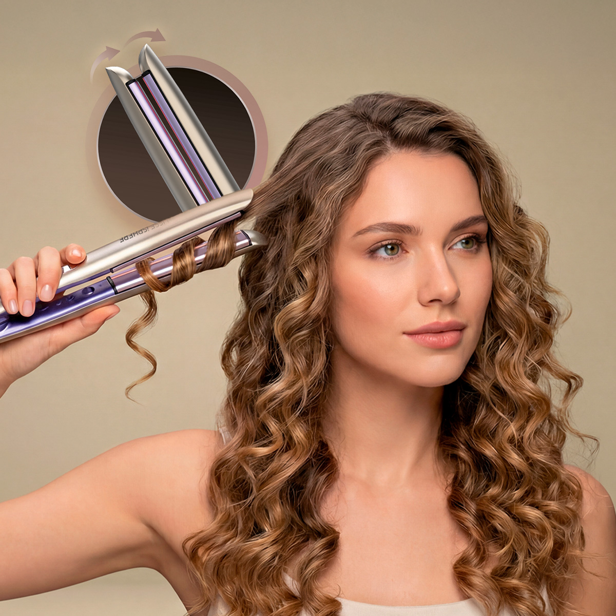 Una donna bionda modella i suoi lunghi capelli ricci con un ferro arricciacapelli.