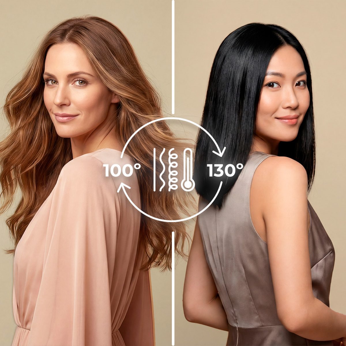 Due donne con diversi tipi di capelli e indicatori di temperatura di 100 e 130 gradi.