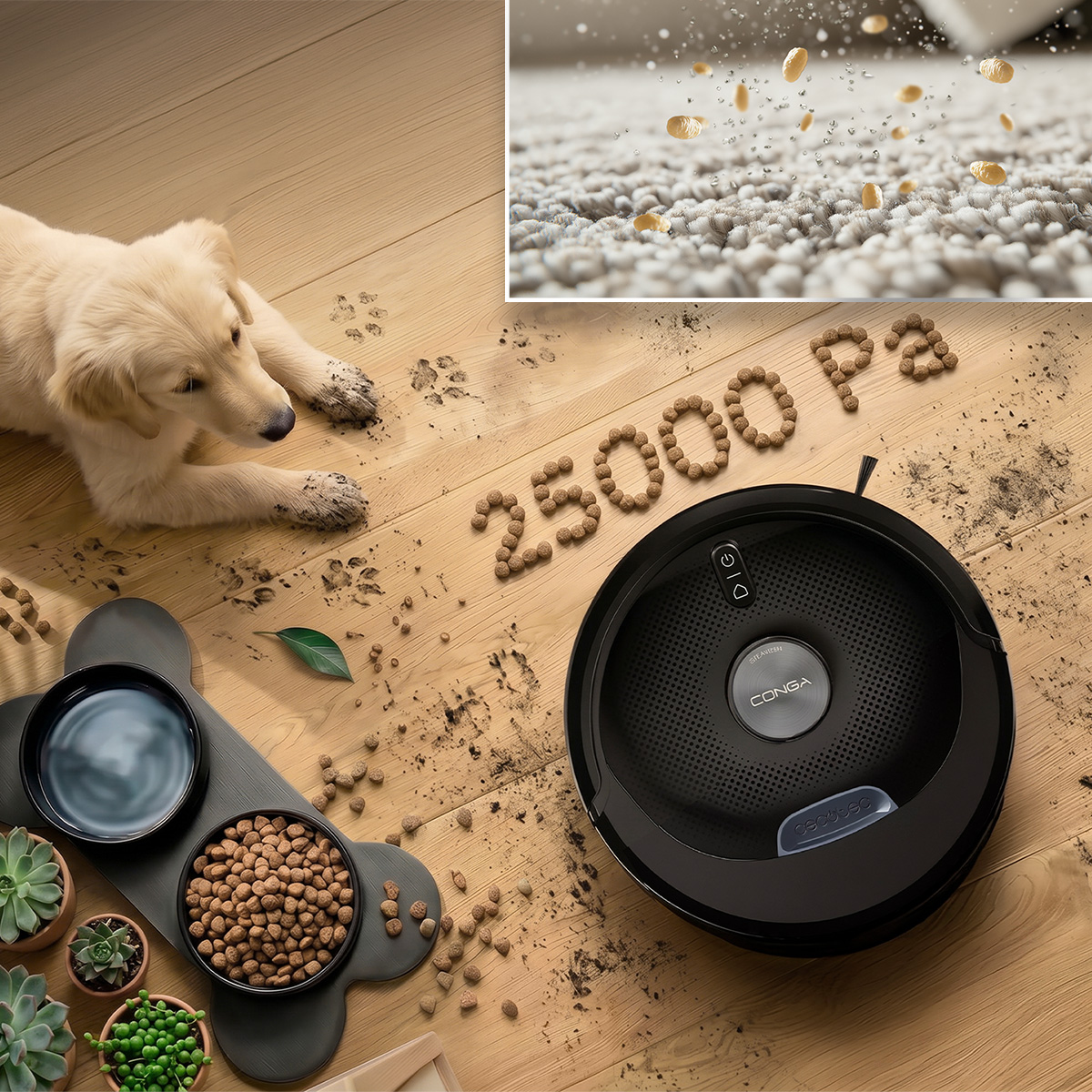 Un robot aspirador limpia un suelo de madera junto a un cachorro, cuencos y croquetas que forman 25000 Pa.