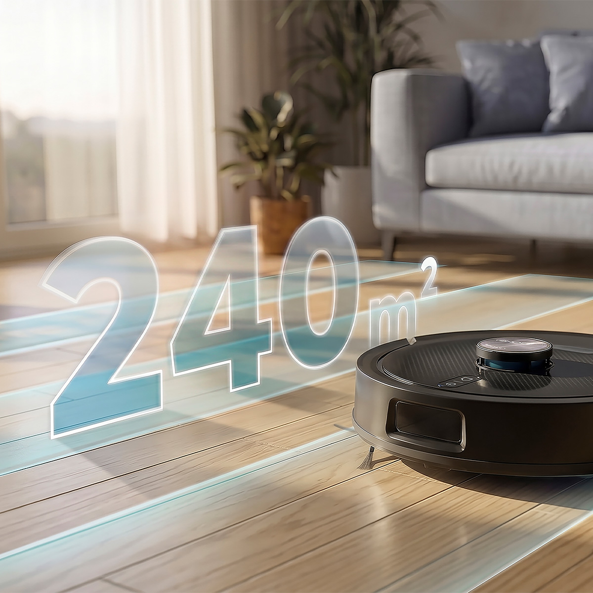 Un robot aspirador negro limpia un suelo de madera bajo un texto azul brillante que dice 240 m2.
