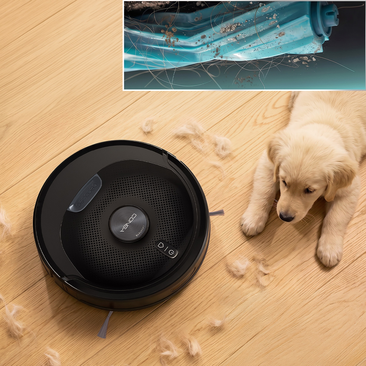 Un robot aspirador negro en suelo de madera junto a un cachorro, con detalle de pelos en el cepillo.