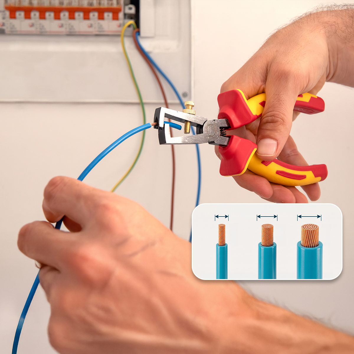 Un elettricista usa spelafili rossi e gialli per rimuovere l'isolamento da un cavo blu davanti a un quadro elettrico.