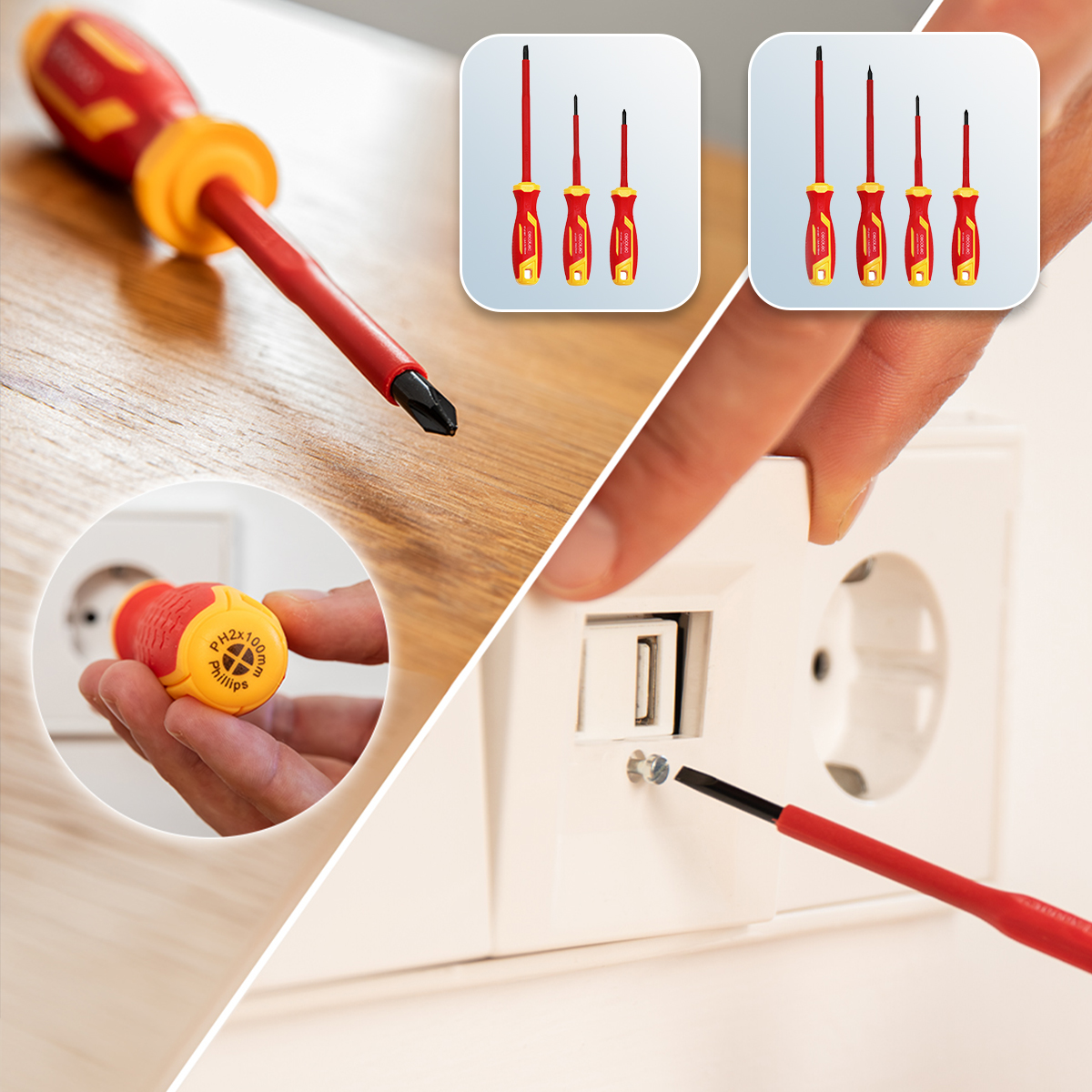 Cacciavite isolato che installa una presa a muro, con set di utensili e dettagli del manico nei riquadri.