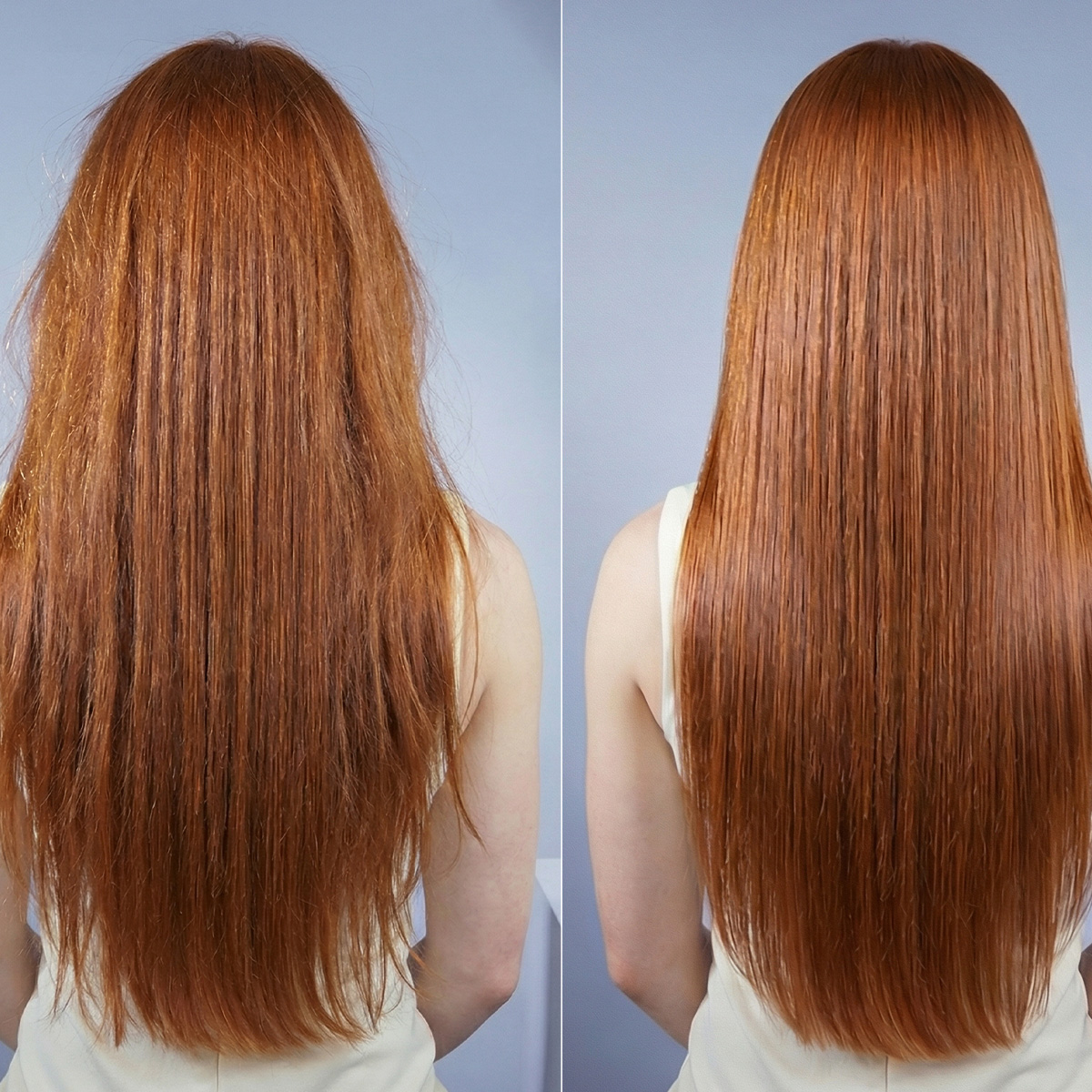 Confronto prima e dopo di capelli rossi, con capelli crespi a sinistra e lisci a destra.
