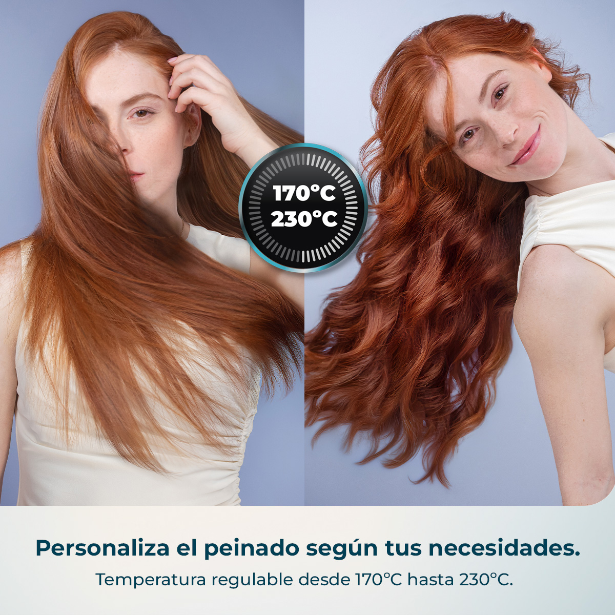 Confronto di due acconciature su una donna dai capelli rossi con impostazioni di temperatura.