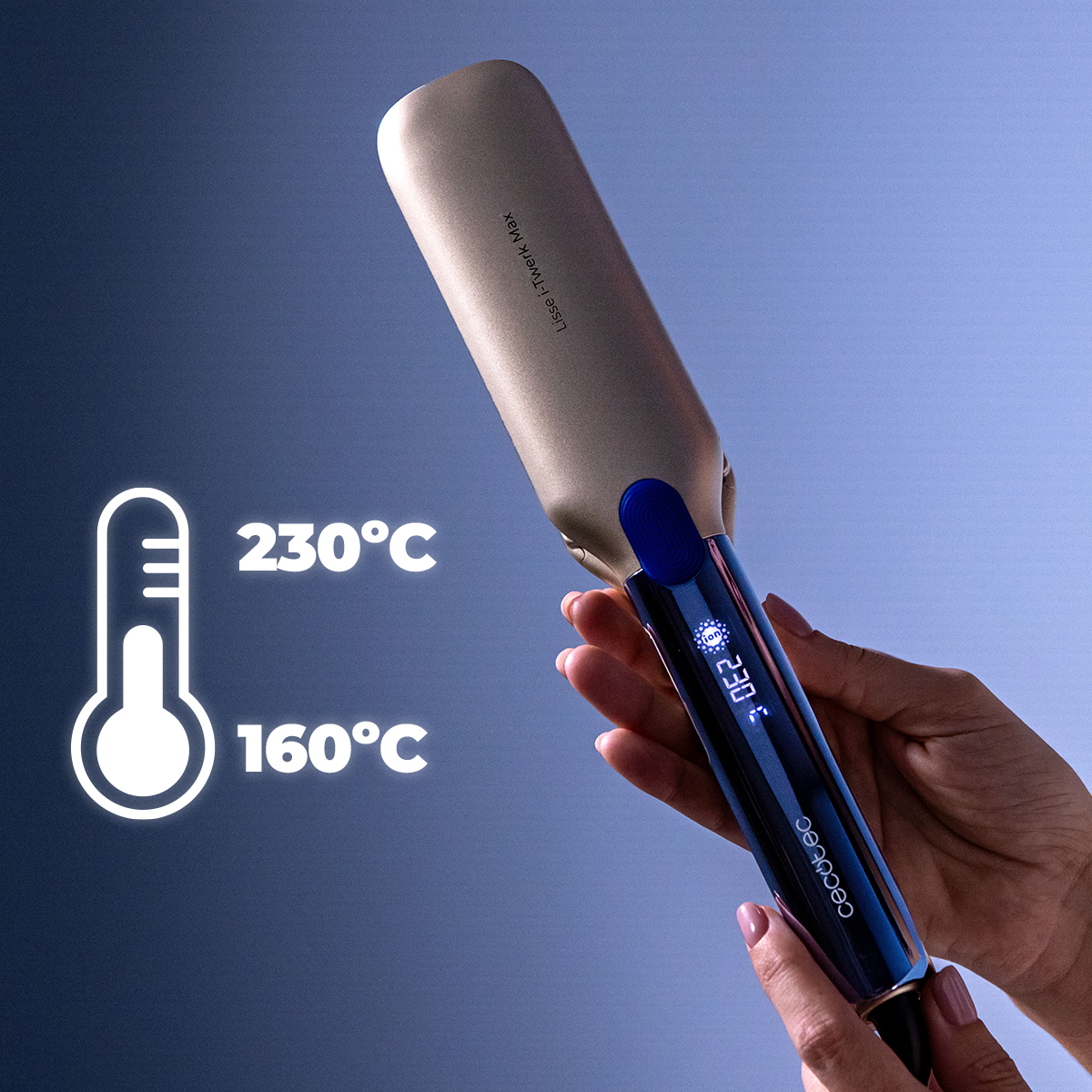 Una mano tiene una piastra per capelli dorata e blu con temperature da 160°C a 230°C.