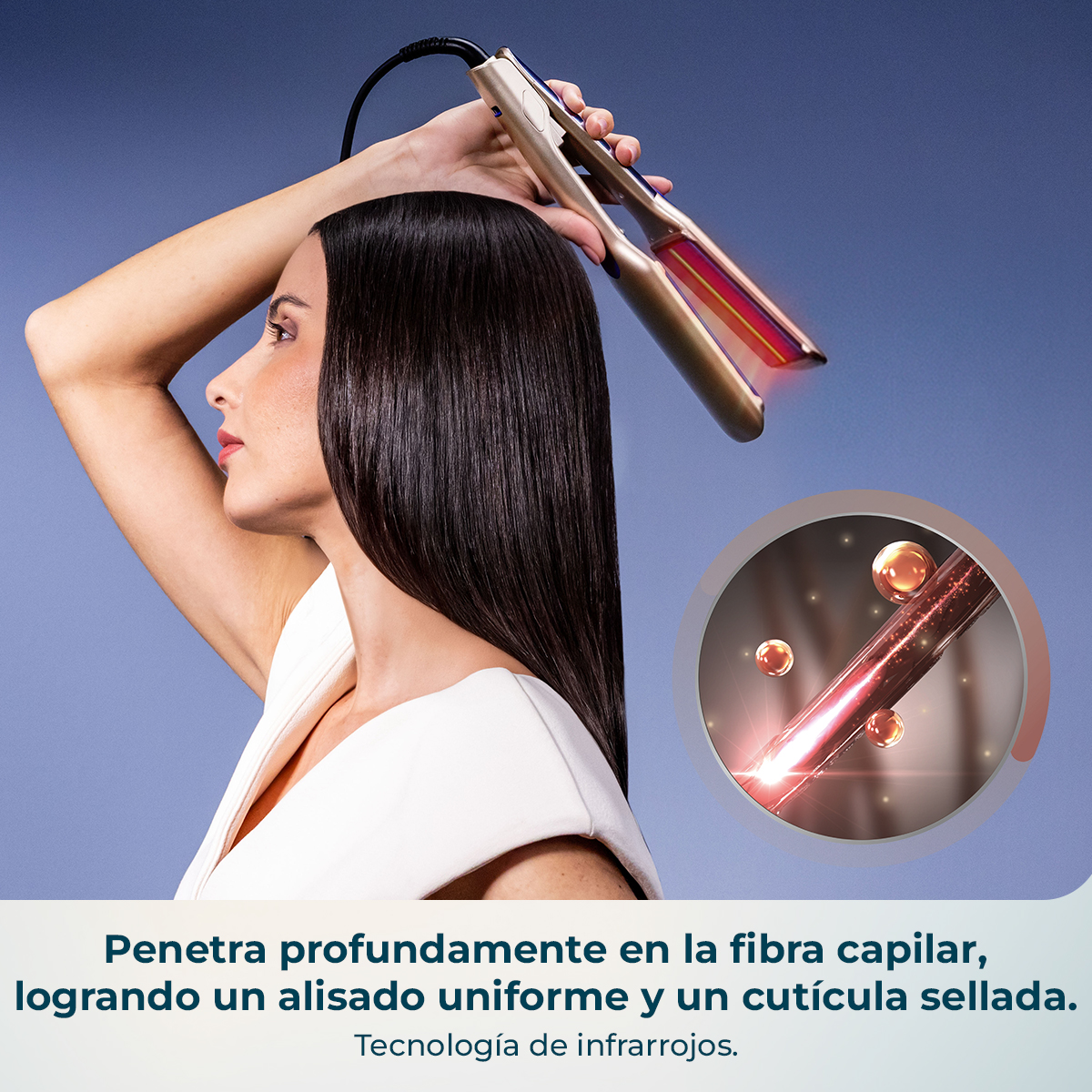 Una donna liscia i lunghi capelli scuri con una piastra a infrarossi dorata, con un cerchio che mostra l'azione a infrarossi.