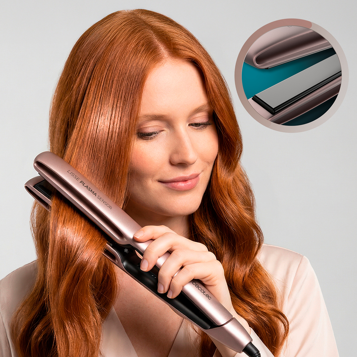 Donna con capelli rossi usa una piastra oro rosa, cerchio mostra le piastre.