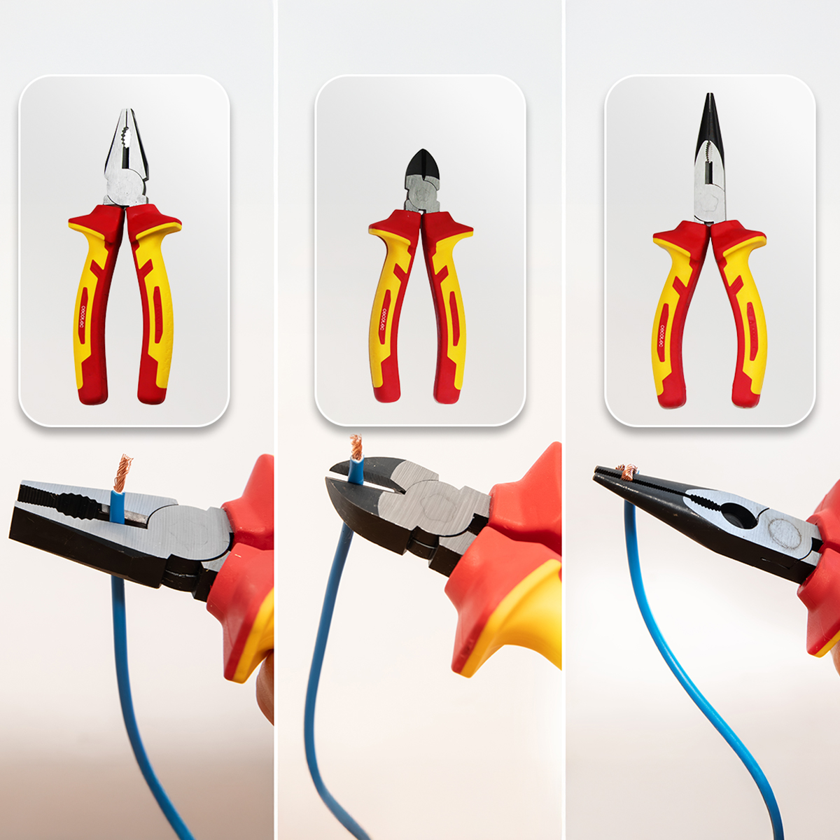 Tres alicates diferentes con mangos rojos y amarillos cortan cables azules.